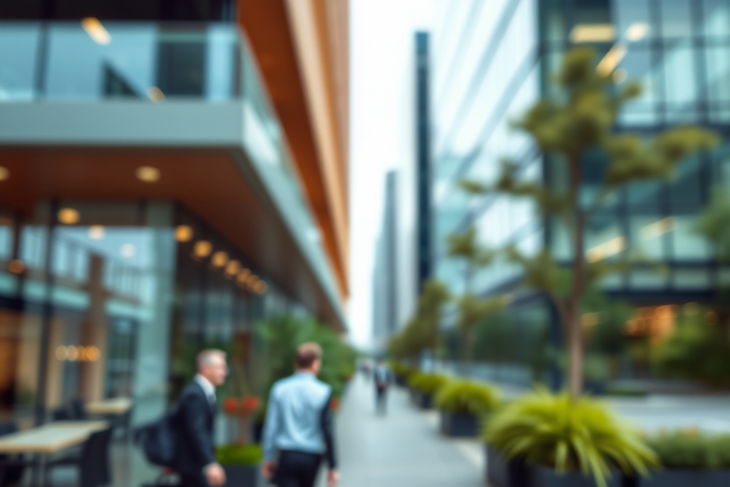 Two people walk on a modern city street surrounded by tall glass buildings and potted plants
